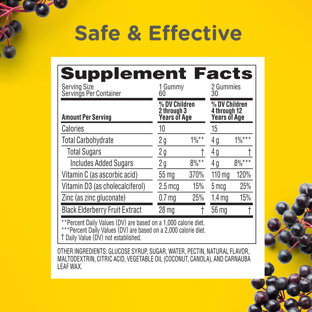 Zarbee's Kids Elderberry Immune Support Gummies, No Sugar Coating, 60 ct | For Ages 2+ Years, No Sugar Coating, Vitamins C D3 & Zinc, Elderberry, Supports Healthy Immune System, No Artificial Flavors