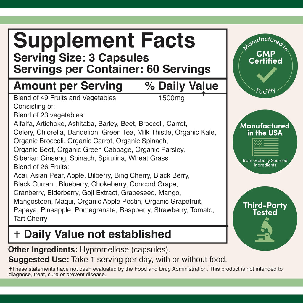Fruits & Veggies Capsules, 49 Whole-Food Blend, Energy & Digestion, 180 Ct