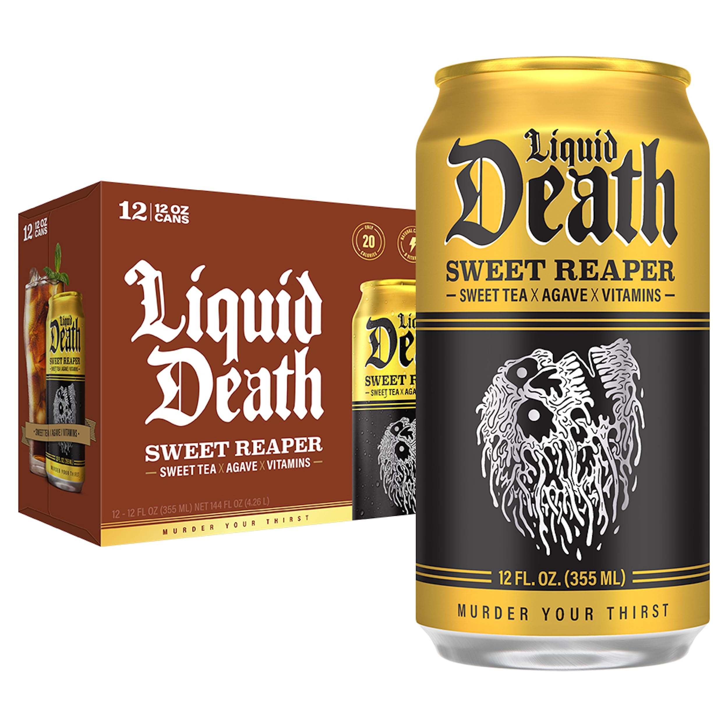 Buy now Liquid Death Iced Tea - Blueberry Buzzsaw (Blueberry-Flavored Black Tea), Less Sugar*, Boost of Caffeine, B Vitamins, No Artificial Sweeteners, 12 Fl Oz (Pack of 12) Sweet Reaper at indiglob india