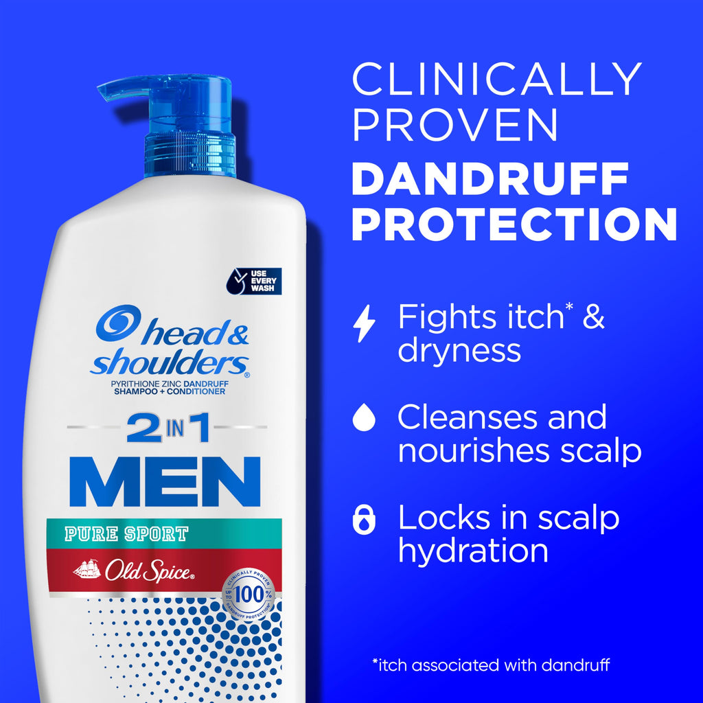 Head & Shoulders Old Spice Pure Sport 2-in-1 Anti-Dandruff Shampoo and Conditioner Twin Pack, 72-Hour Protection, 31.4 fl oz Each
