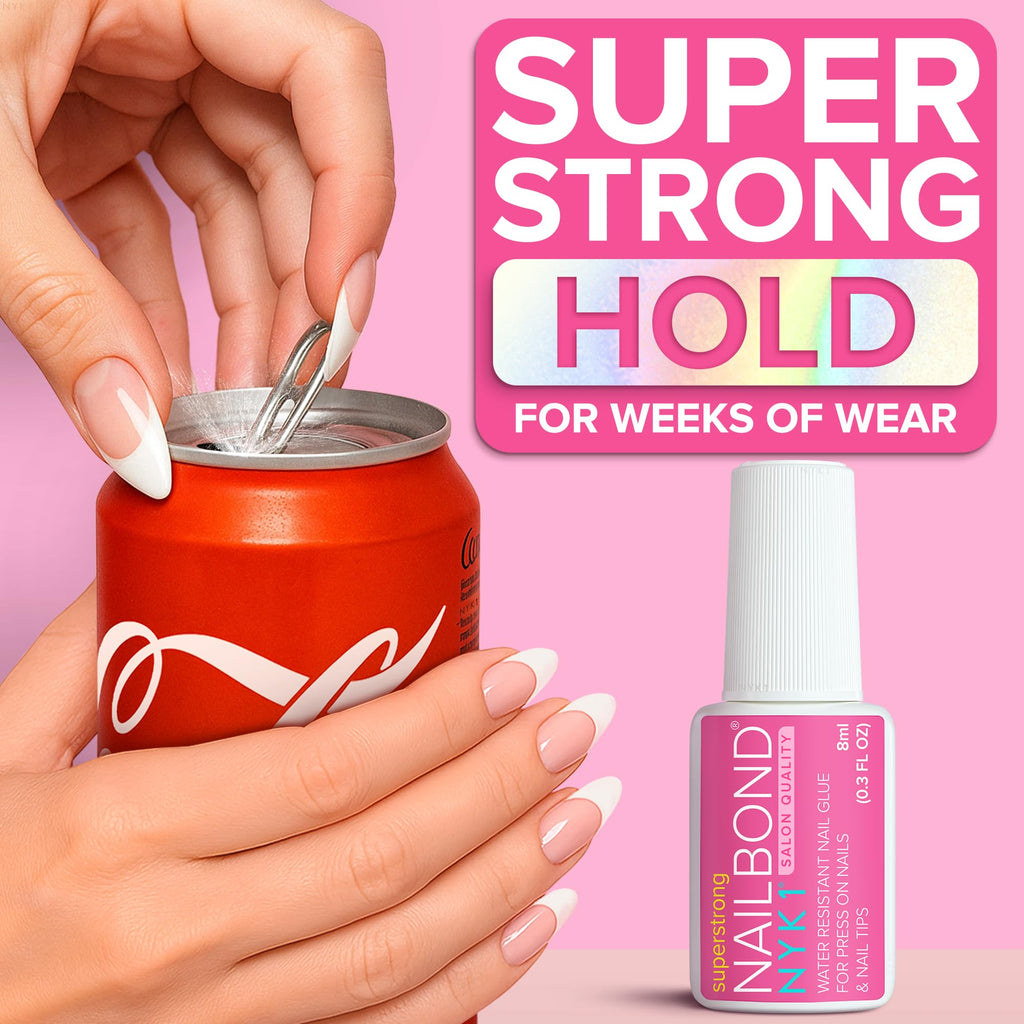 NYK1 Super Strong Nail Glue for Press On Nails, Nail Tips & Acrylics | 8ml | NailBond Brush On Nail Glue for Press Ons, Fake Nails & Acrylic Nails - Long Lasting, Max Strength, Mess-Free Application