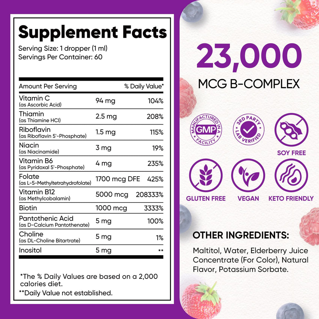 Vitamin B Complex 23000mcg - Methyl B12| B9 Folic|B7 Biotin,B1,B2,B3,B5,B6 | Vitamin B Complex Liquid Drops for Men & Women with Vitamin C, Choline & Inositol for Energy, Immune & Brain Support - 2Oz