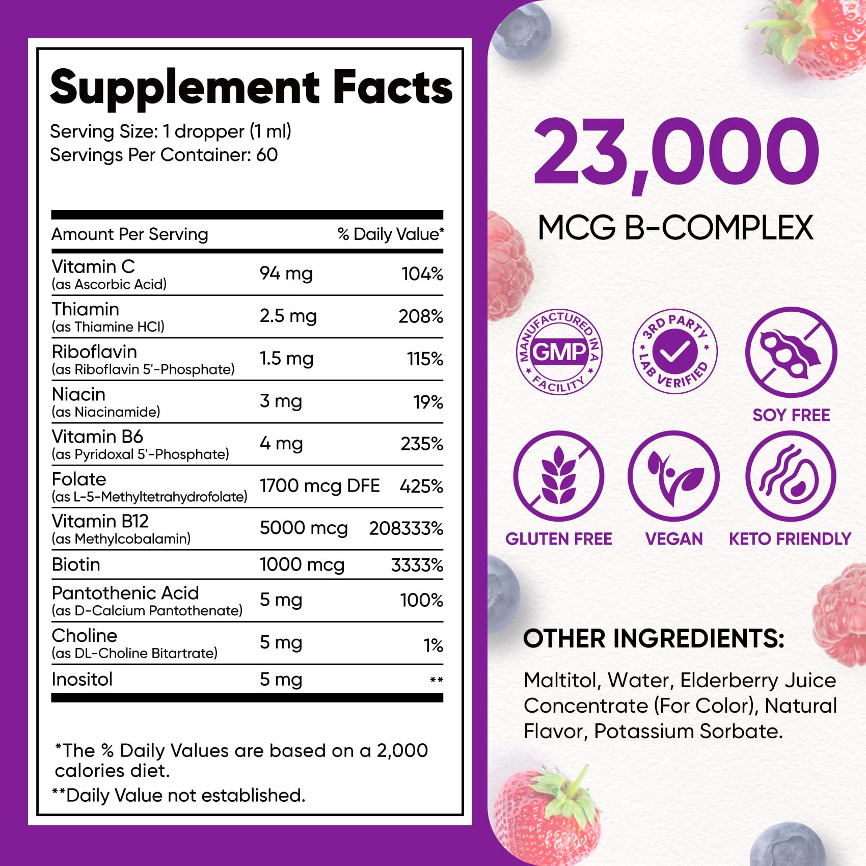 Vitamin B Complex 23000mcg - Methyl B12| B9 Folic|B7 Biotin,B1,B2,B3,B5,B6 | Vitamin B Complex Liquid Drops for Men & Women with Vitamin C, Choline & Inositol for Energy, Immune & Brain Support - 2Oz