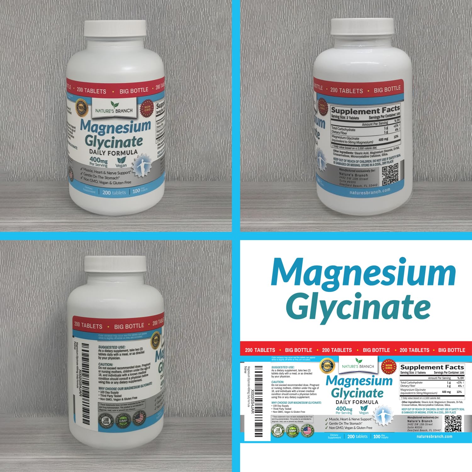 Magnesium Glycinate 400mg | 200 Tablets – High Absorption for Sleep & Heart | Mag Supplements for Cramps, Muscle & Calm – Non Buffered Bisglycinate, Extra Strength for Men and Women, Tablets Not Capsules
