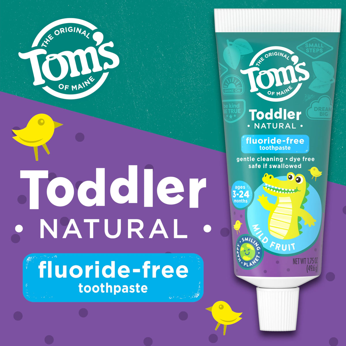 Tom's of Maine Toddler Fluoride Free Toothpaste, Mild Fruit, 3 Pack, 1.75oz