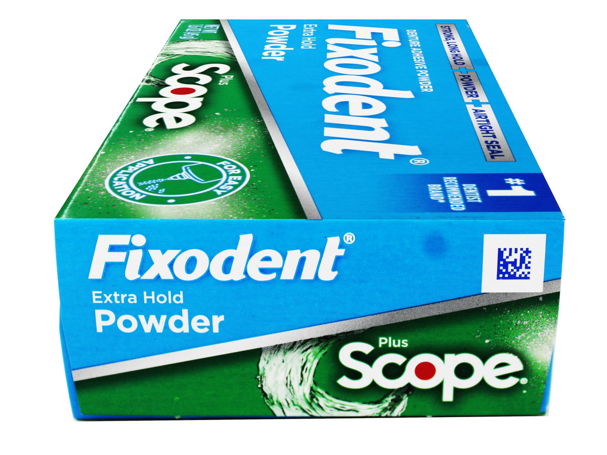 Fixodent Denture Adhesive Powder, Extra Strong, Plus Scope, Strong, Long Hold Powder, Airtight Seal, 1.6 OZ, Pack of 3