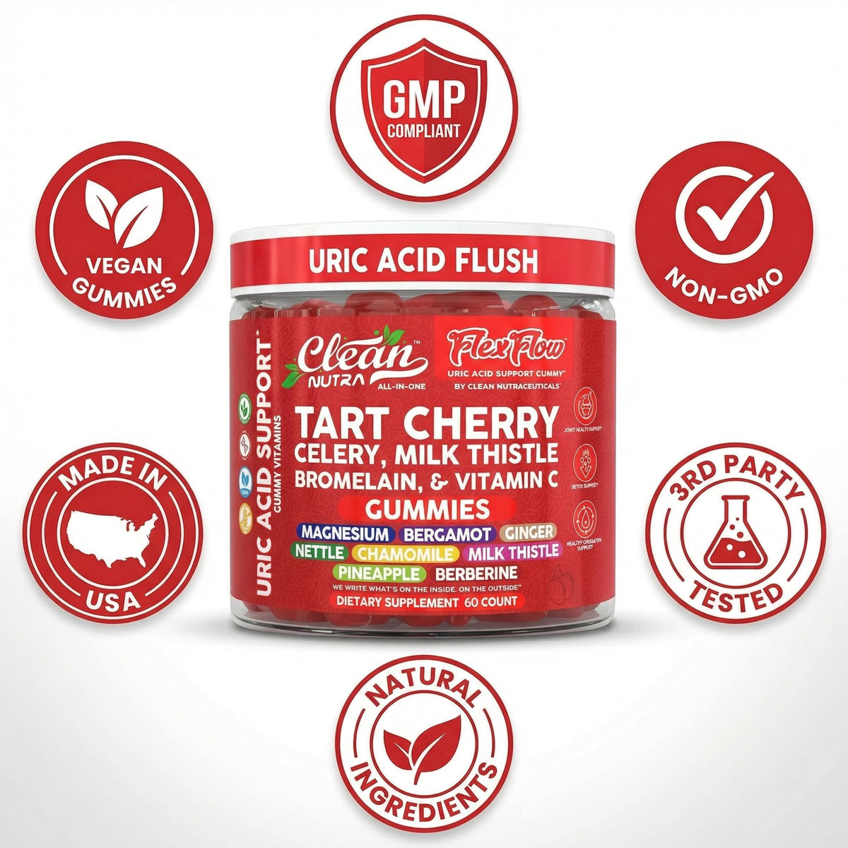 Clean Nutra Tart Cherry Gummies Uric Acid Flush Celery Milk Thistle Bromelain Vitamin C Magnesium Citrus Bergamot Ginger Stinging Nettle Leaf Chamomile Berberine Quercetin Support 60 Gummy Vitamins