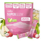 Nello Superglow Powdered Drink Mix, Skin Hydration, Glow & Hair Support, Collagen Peptides, Hyaluronic Acid, Ceramosides, Biotin & Vitamin C, 20 Stick Packs (Paradise Pear)
