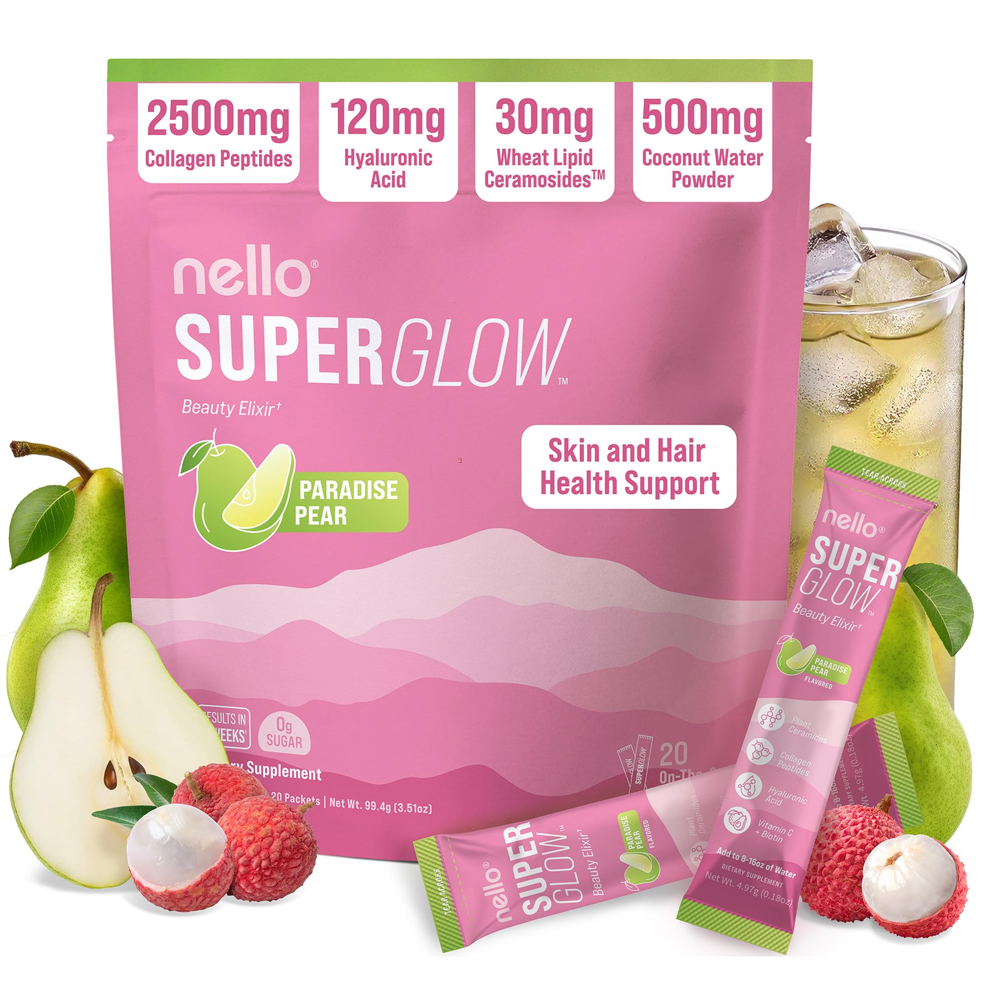 Nello Superglow Powdered Drink Mix, Skin Hydration, Glow & Hair Support, Collagen Peptides, Hyaluronic Acid, Ceramosides, Biotin & Vitamin C, 20 Stick Packs (Paradise Pear)
