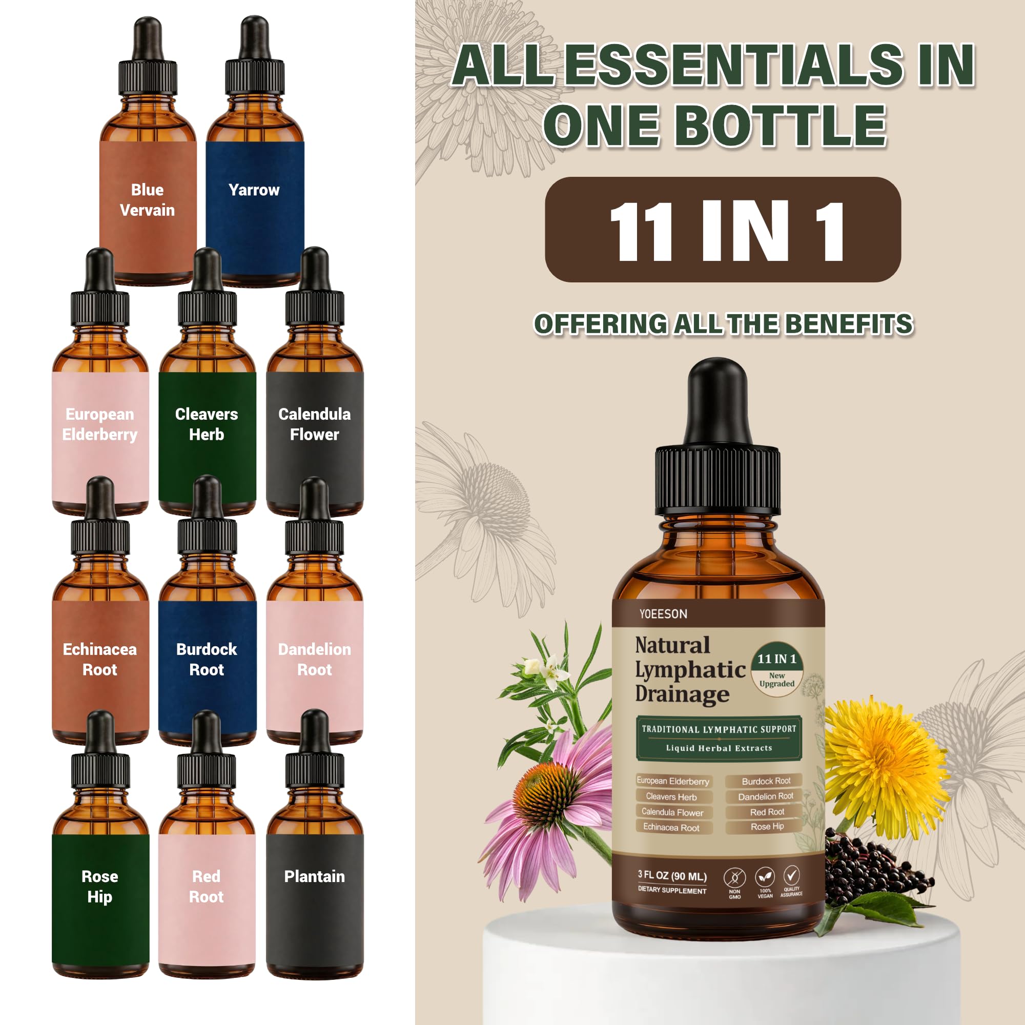 Natural Lymphatic Drainage 11-in-1 Herbal Liquid Supplement - 90 Day Supply | with Cleavers,Elderberry, Echinacea, Dandelion, Calendula & Burdock, Supports Lymphatic Health, Detox & Daily Wellness