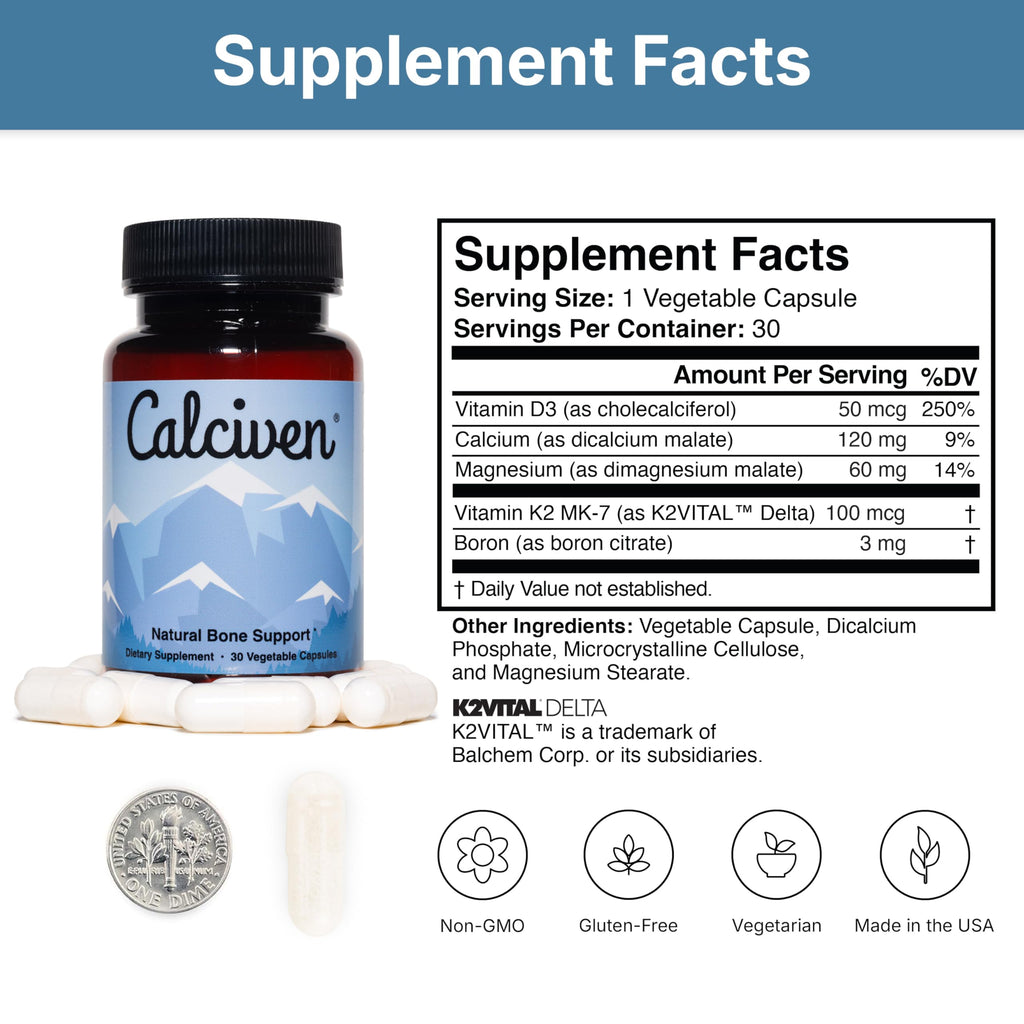 Calciven Natural Bone Support Supplement, Vegetarian, Gluten-Free | Complete Mineral Matrix with Calcium, Magnesium, and Absorption Factors to Promote Bone Density and Strength, 30-Day Supply