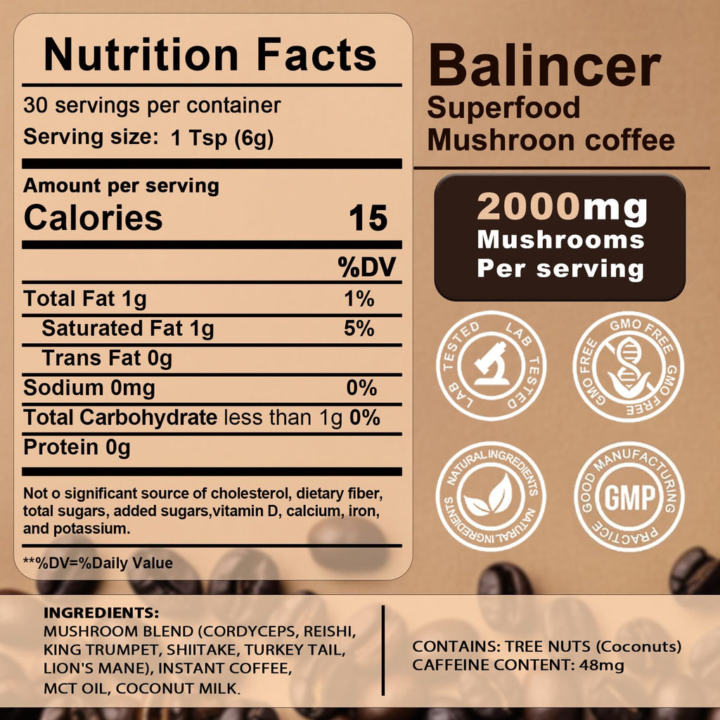 Mushroom Coffee, 6 Adaptogenic Mushrooms (Lion's Mane, Cordyceps, Turkey Tail & Other) Mixed with Premium Instant Coffee for Focus, Energy, Immune and Gut Health Support, 30 Servings