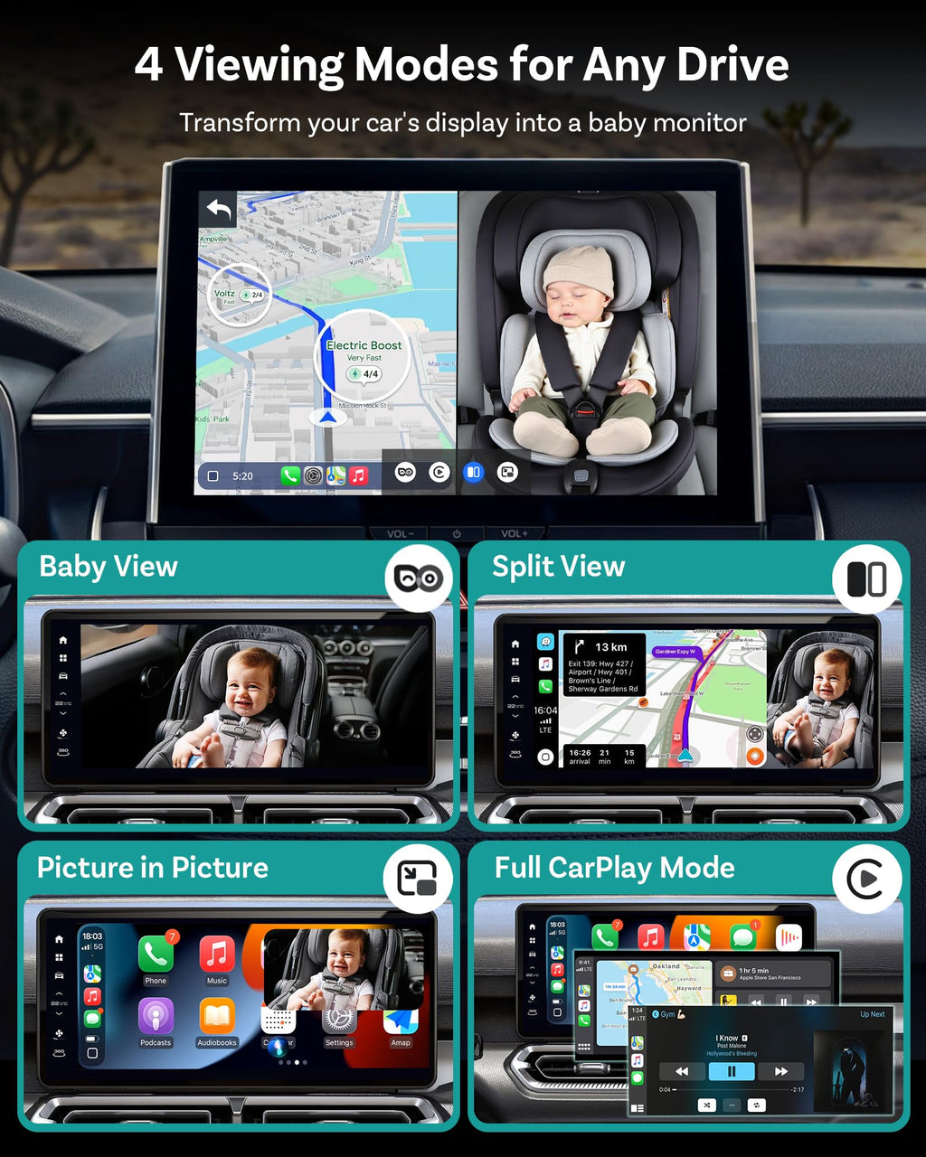 OTTOCAST Cabin Care Baby Car Camera with Wireless CarPlay, 1080P HD Rear Seat Monitor on Car Screen, No-Glow Night Vision, Split Screen Display, Safer Driving for Parents and Baby, 150° Wide Angle