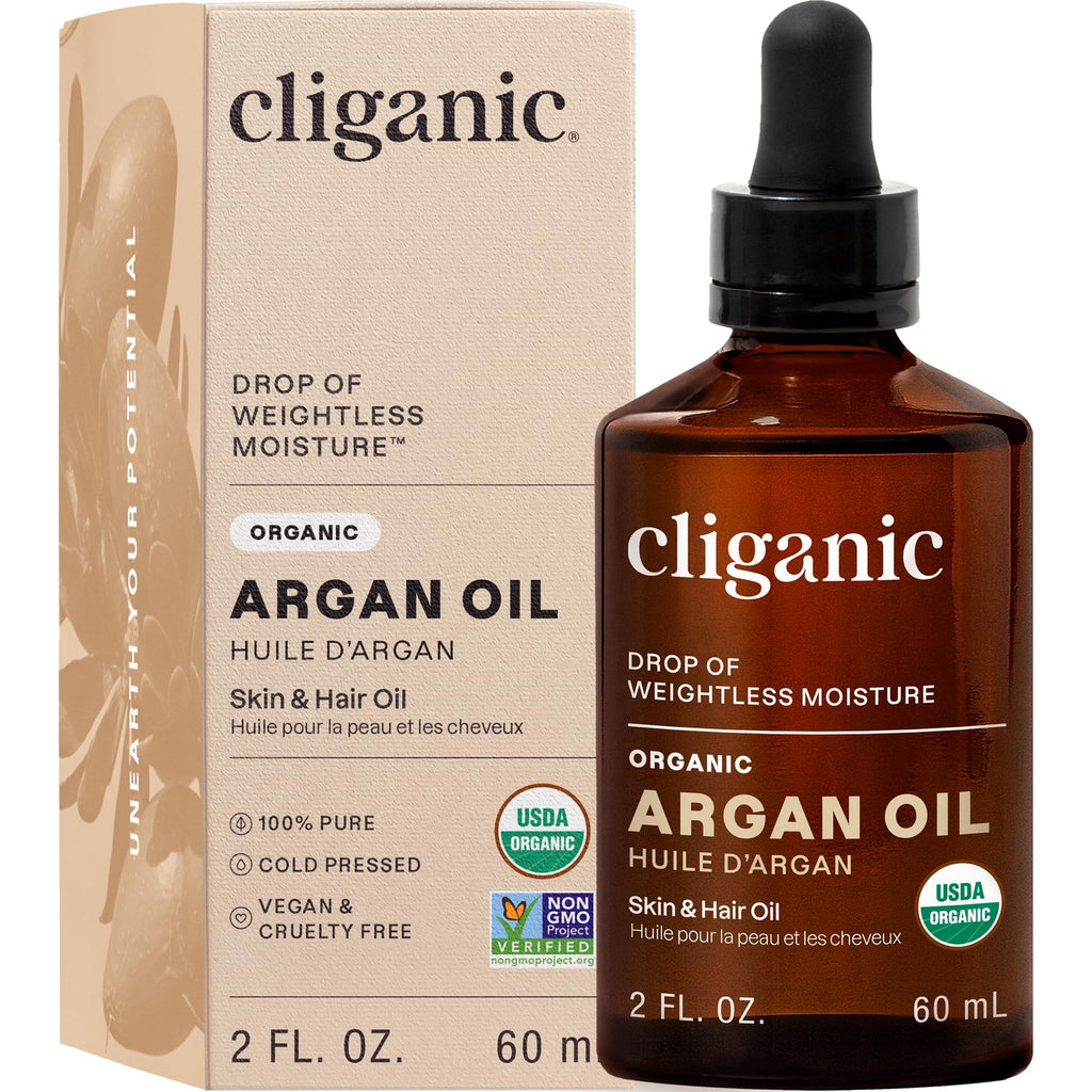 Cliganic Organic Argan Oil, 100% Pure - for Hair, Face & Skin | Cold Pressed Carrier Oil, 2 oz