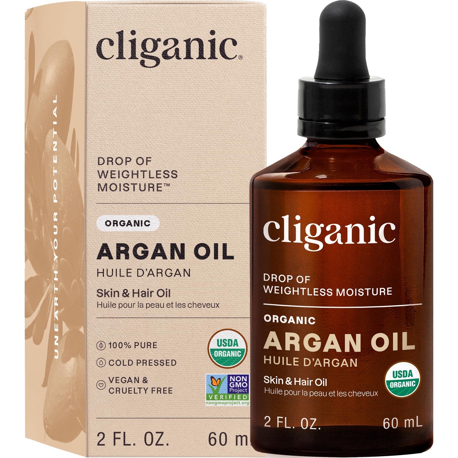 Cliganic Organic Argan Oil, 100% Pure - for Hair, Face & Skin | Cold Pressed Carrier Oil, 2 oz