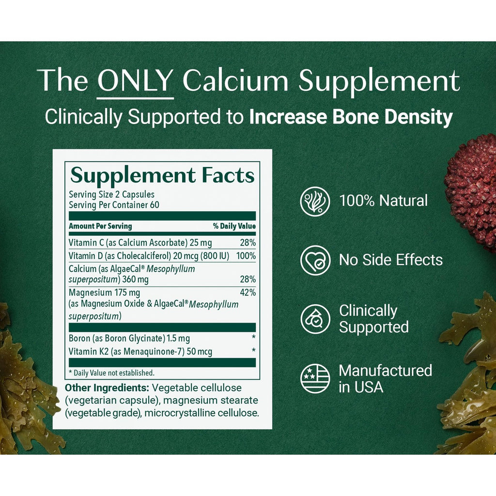 ALGAECAL Plus Calcium Supplement for Bone Density, D3 K2, 120 Caps, 3 Packs | Organic red algae calcium with D3 (1600 IU), K2 MK-7 (100mg), magnesium (350mg) & trace minerals for stronger bones.