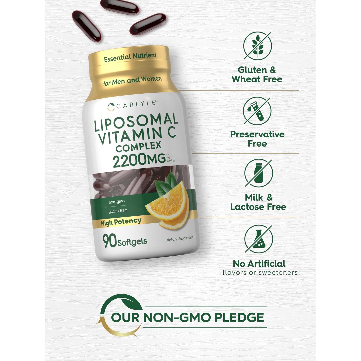 Carlyle Liposomal Vitamin C | 2200mg | 90 Softgel Capsules | High Potency Complex Supplement | Non-GMO, Gluten Free Packaging May Vary