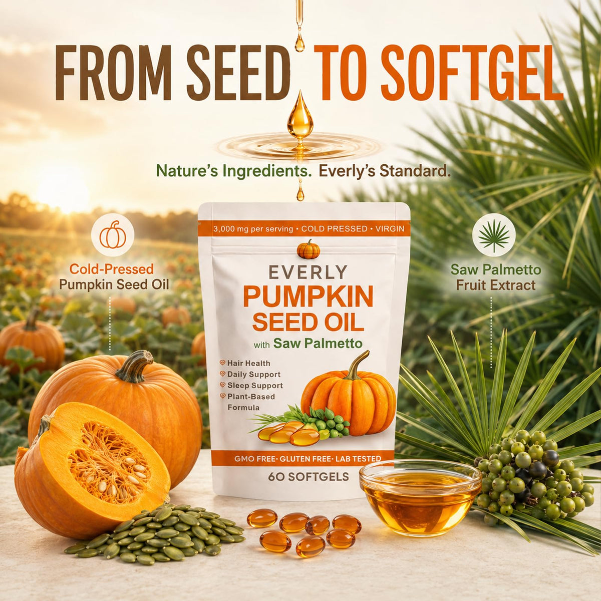 Everly Pumpkin Seed Oil with Saw Palmetto, Cold-Pressed Virgin 60 Softgels