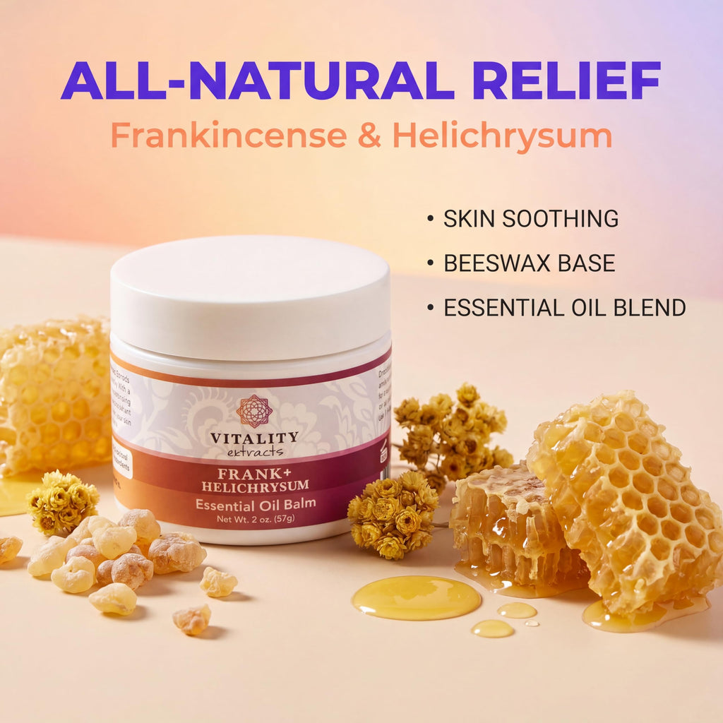 Vitality Extracts Frank+ Helichrysum Balm - 2oz, Frankincense Boswellia Serrata, Helichrysum Gymnocephalum, All-Natural Relief, Skin Soothing, Beeswax