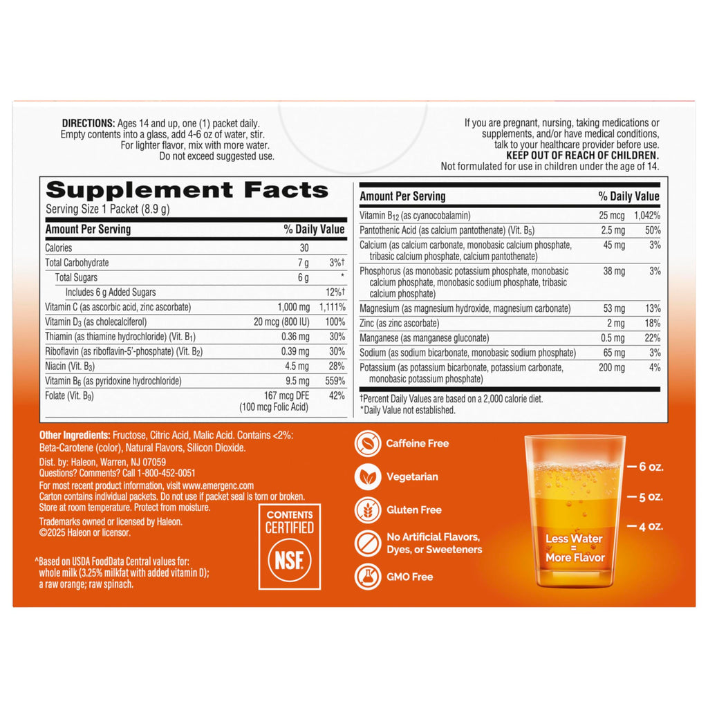 Emergen-C 1000mg Vitamin C Immune Support Powder, Super Orange, 60 ct | B Vitamins for Energy, Zinc and Manganese, Vitamin D, Electrolytes, Natural Flavor, Dissolves Quick