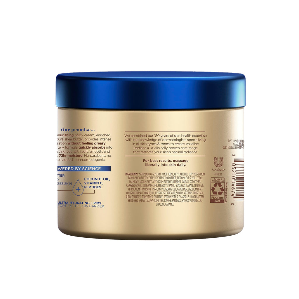 Vaseline Radiant X Deep Nourishment Body Cream 100% Pure Shea Butter, Coconut Oil, Vitamin C, & Peptides 10 oz (Pack of 6)