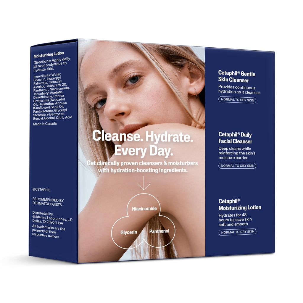 Buy now CETAPHIL Skincare Gift Set & Travel Companion for Sensitive Skin | Gentle Skin Cleanser, Daily Facial Cleanser, 2 x Moisturizing Lotion | TSA Approved | Dermatologist Recommended Brand at indiglob india