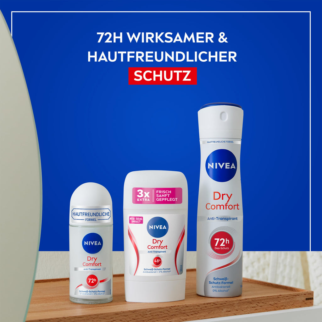 NIVEA Women Dry Comfort Roll-On Antiperspirant Deodorant 50 ml (1.69 fl oz), Alcohol-Free Formula, Gentle Fragrance, Daily Underarm Care, Compact Travel Size, Dermatologically Tested
