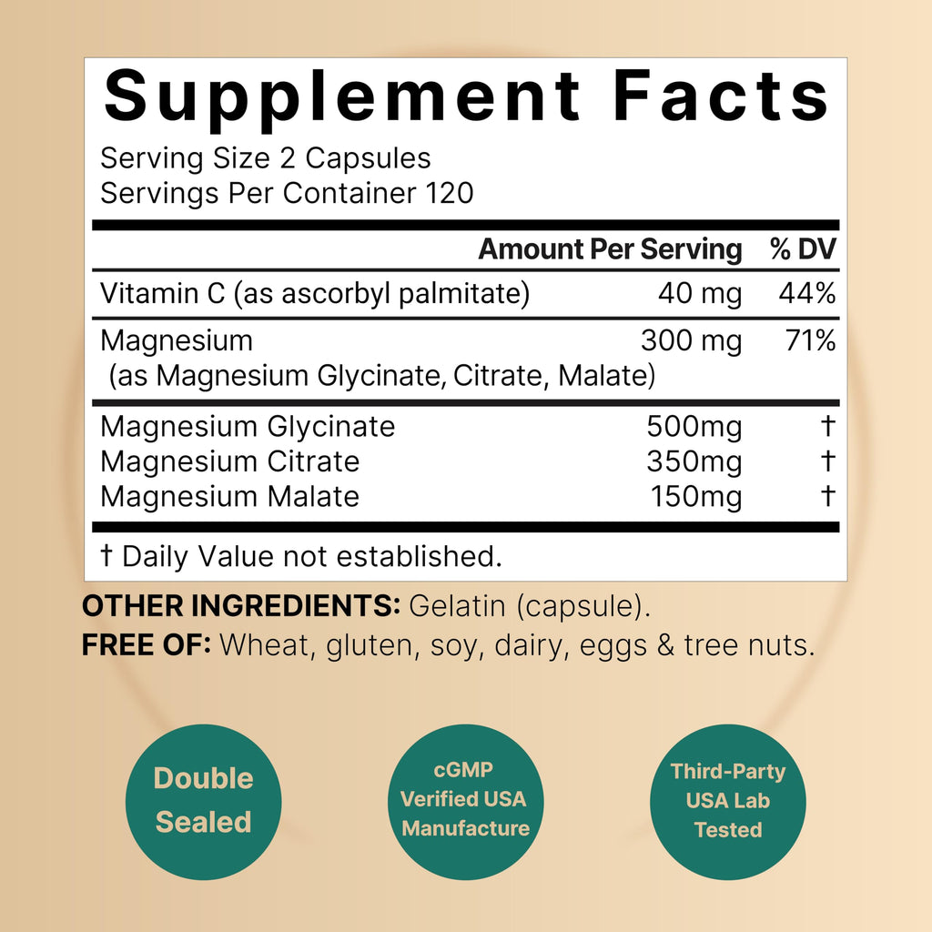 NatureBell Triple Magnesium Complex, Glycinate Citrate Malate, 240 Capsules | 1,000 mg Blend Per Serving. 3-in-1 Chelated Magnesium Supplement with Vitamin C. For Women & Men. Filler Free, Non-GMO.
