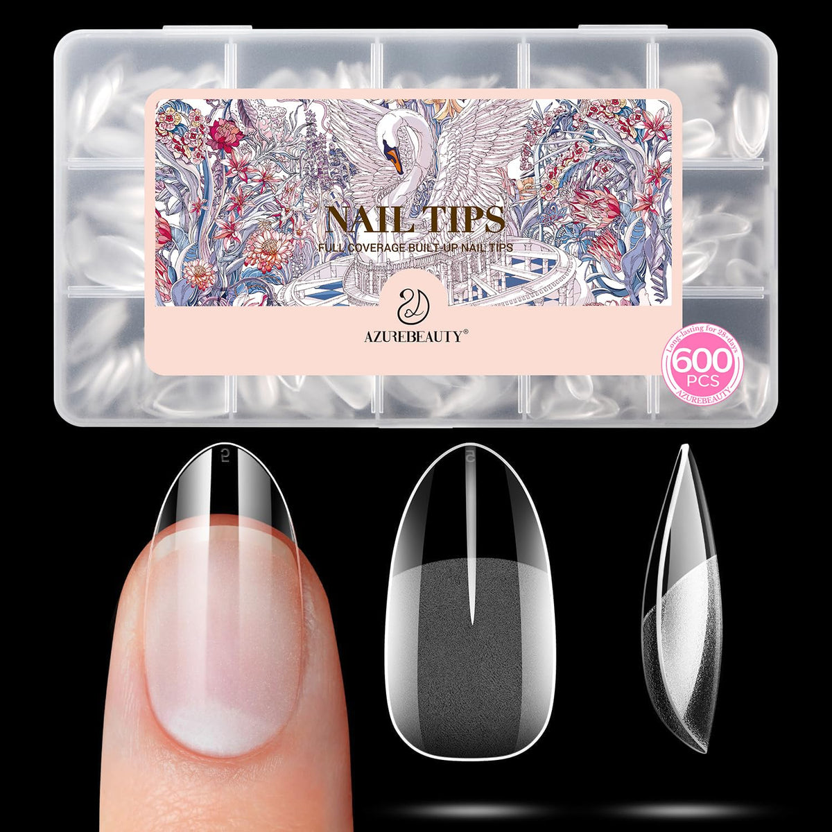 Discover AzureBeauty's 600 pcs medium almond soft gel nail tips in stylish packaging, perfect for flawless manicures.