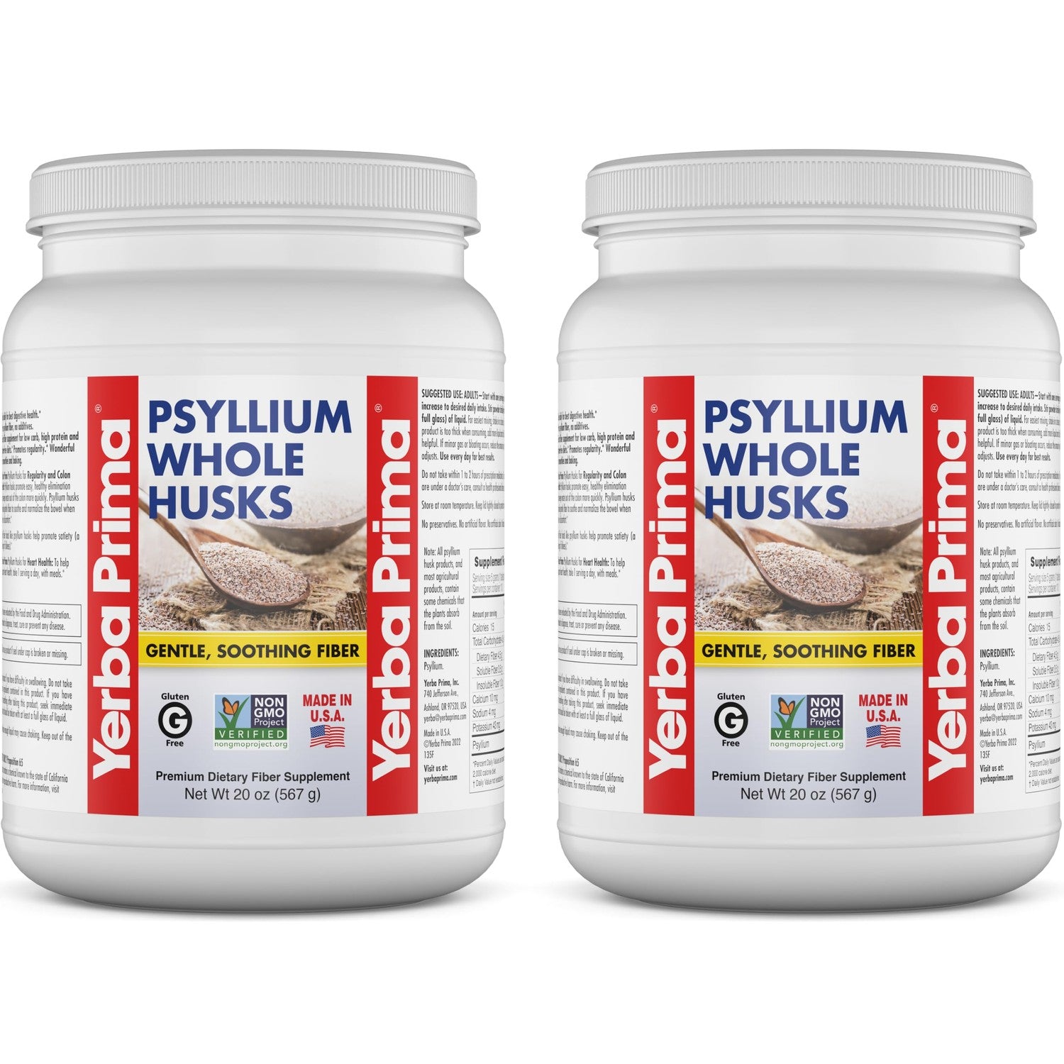 Yerba Prima Whole Psyllium Husk Fiber Supplement 20 oz (Pack of 2) - Vegan, Gluten Free, Non-GMO