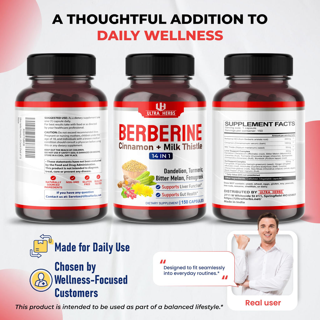 Berberine Supplement with Ceylon Cinnamon & Milk Thistle, Berberine HCL Complex, Daily Metabolic Wellness Formula, 150 Capsules, Non-GMO, Gluten Free, Quality Tested