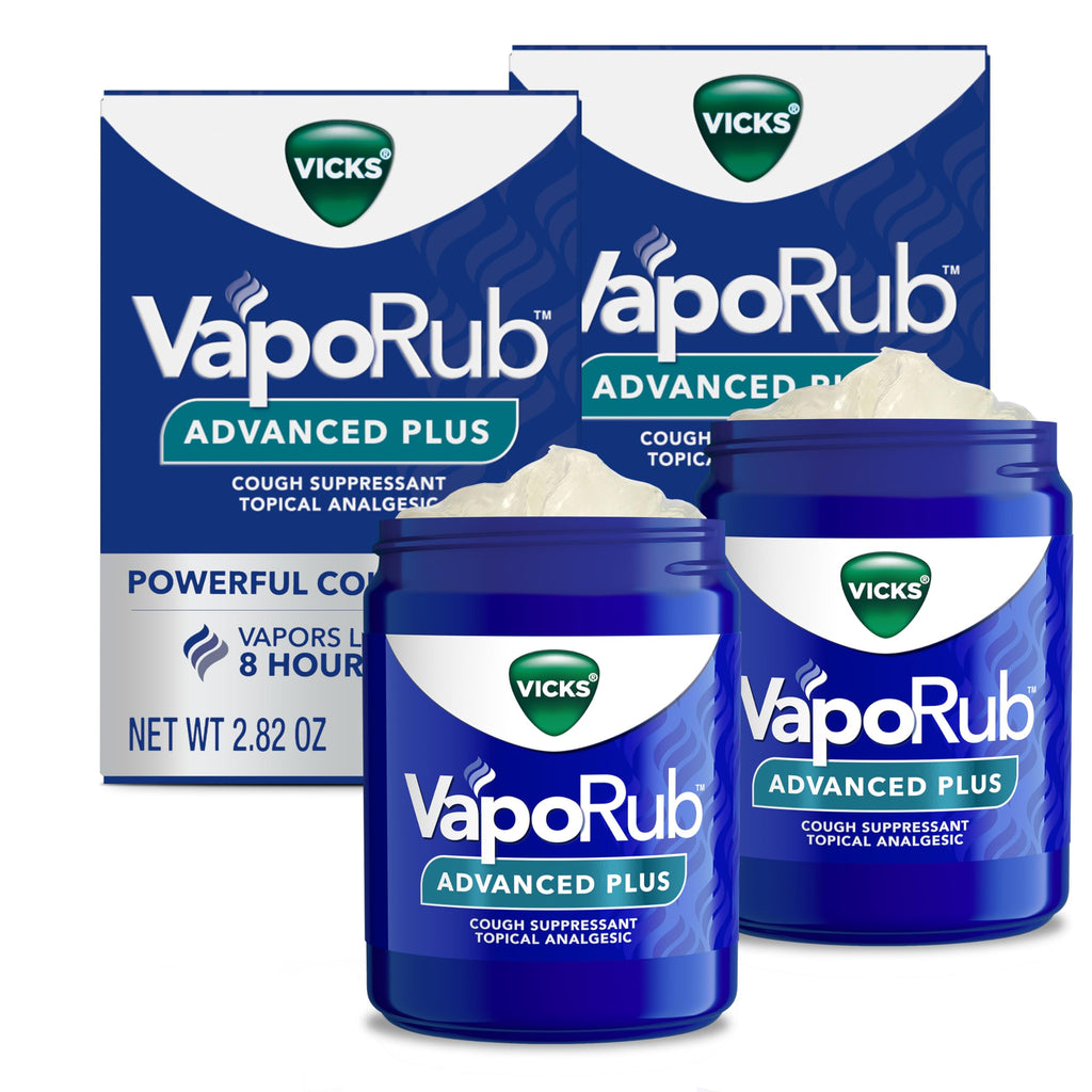 Buy now Vicks VapoRub Advanced Plus, Powerful Cough Suppressant, Topical Chest Rub & Analgesic Ointment, Medicated Vicks Vapors, Fast Cough Relief, 2.82oz x 2 at indiglob india