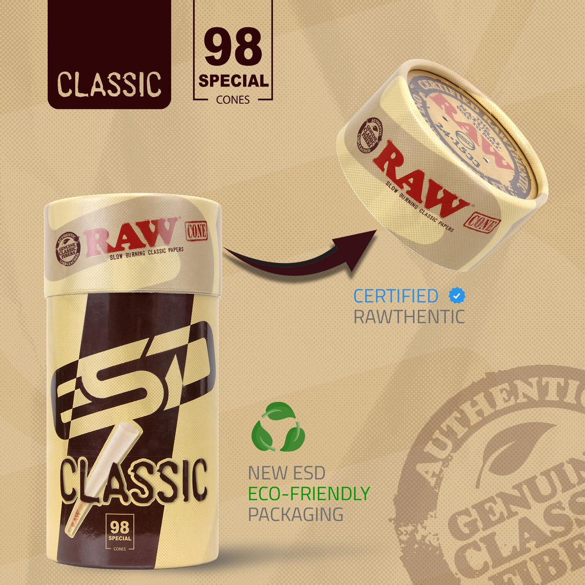 RAW Cones Classic 98 mm Special - Pack of 100 Pre Rolls Rolling Papers