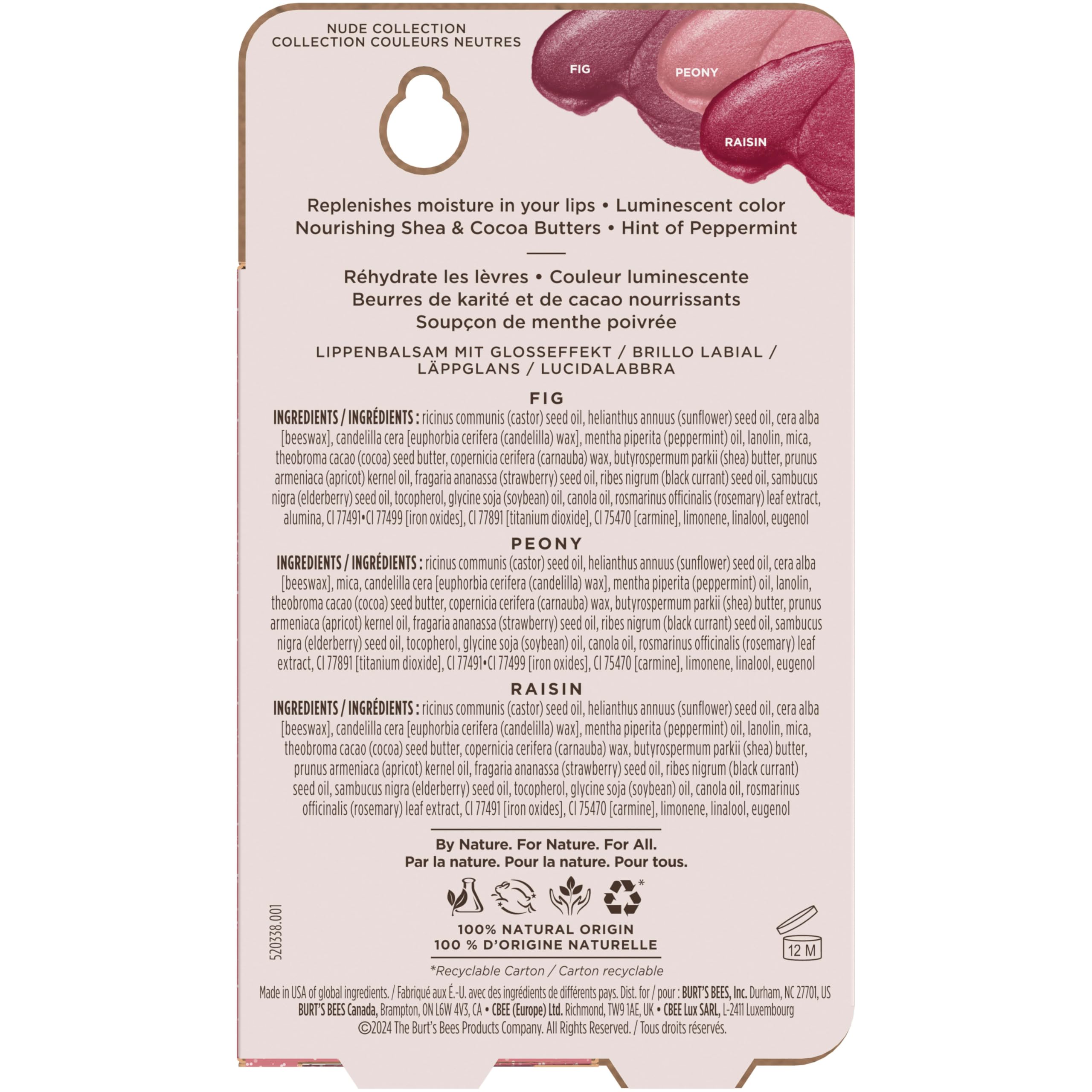 Burt's Bees Lip Shimmer Nude Collection, Tinted Lip Balm, 0.09 oz., 3 Tubes | Moisturizing for All Day Hydration, Natural Glowy Pigmented Finish, Buildable Color, 3 Warm Shades
