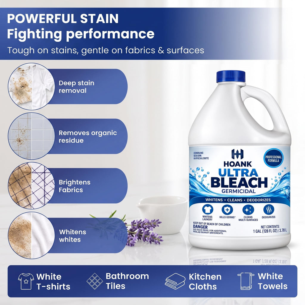 (6 Gallons) Ultra Germicidal Liquid Bleach - For Laundry, Disinfecting, Sanitizing, Deodorizing, Mold & Mildew Stain Remover - 1 Gallon Jugs
