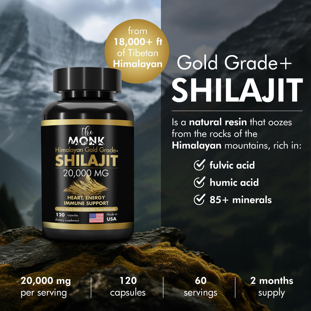 Organic Shilajit with Fulvic Acid, Humic Acid, 85+ Minerals- Gold Grade Plus - Same as Resin - Energy, Stamina, Brain Support - 120 Capsules - Made in The USA
