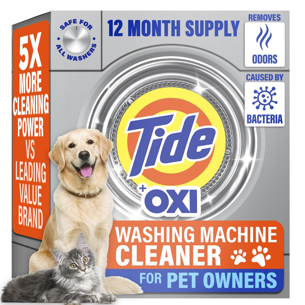 Tide Pet Washing Machine Cleaner 52 Week Supply with Oxi for Front and Top Loader Washer Machines, Deep Cleaning Residue & Odor Eliminator, 12 Month Supply (Packaging May Vary)