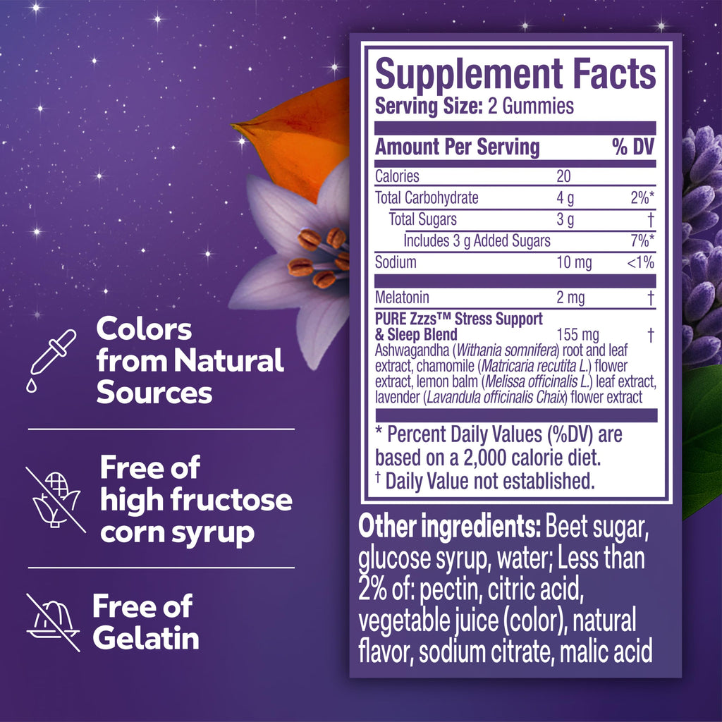 ZzzQuil PURE Zzzs De-Stress 2mg Melatonin Gummies, , Sleep Aids for Adults, Ashwagandha for Stress Support, 60 Gummies