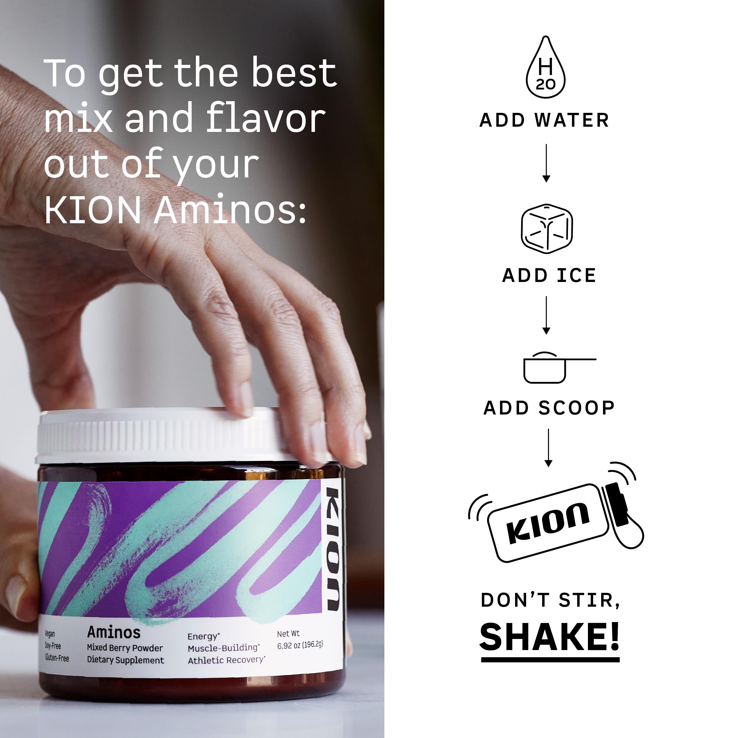 Kion Aminos Essential Amino Acids Powder, EAA & BCAA, Lean Muscle, Energy | All 9 aminos, caffeine-free, sugar-free, to curb cravings and support muscle with age, dieting, or GLP-1 use