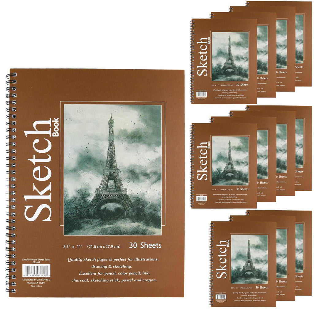 GIFTEXPRESS Pack of 12 Letter Size Sketch Book Bound Spiral Premium Sketch Pads Set, Pencil Sketch Book 30 Sheets Each, 8.5" X 11" Side Wire Bound, White Blank Paper Sheets for Pencil, Ink, Pastel