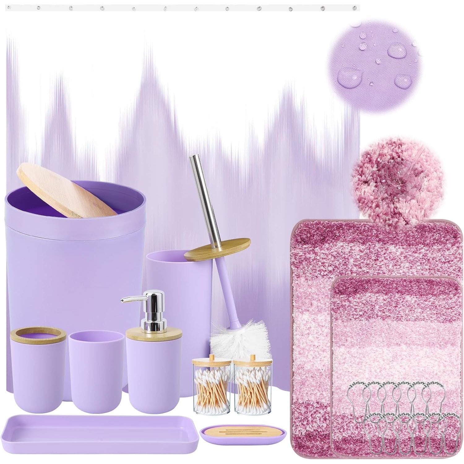 Buy now iMucci 9Pcs Black Bathroom Accessories Set with Trash Can Bathroom Set Black Bathroom Accessories Bathroom Decor Bath Set+Shower Curtain+Bath Rug Light Purple at indiglob india