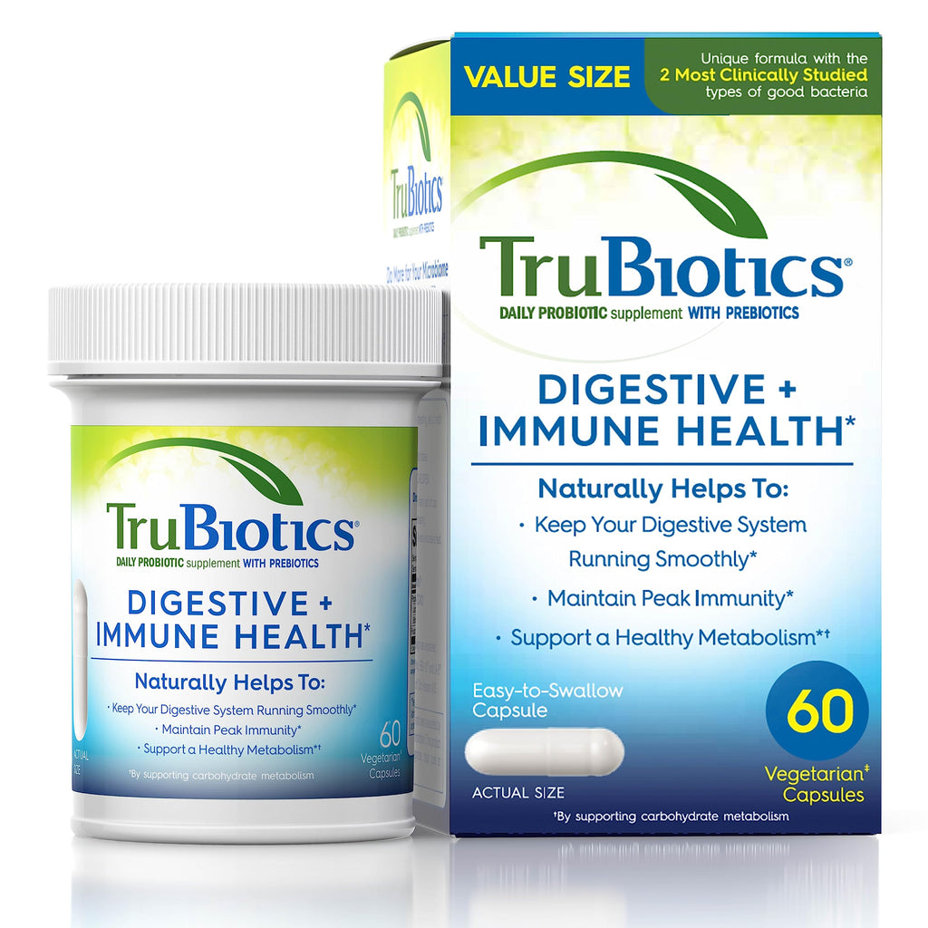 TruBiotics Probiotics for Digestive & Immune Health, Supports Regularity & Helps Relieve Abdominal Discomfort, Gas & Bloating, 2 Clinically Studied Probiotic Strains, Plus Prebiotics, 30 Capsules