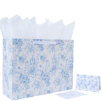 16.5" Extra Large Blue Floral Gift Bag Set with Handles, Greeting Card, White Tissue Papers and Stickers for Women Girls for Birthdays, Valentine's Day, Weddings, Anniversaries, Mother's Day, Flowers Design, 1 Pcs