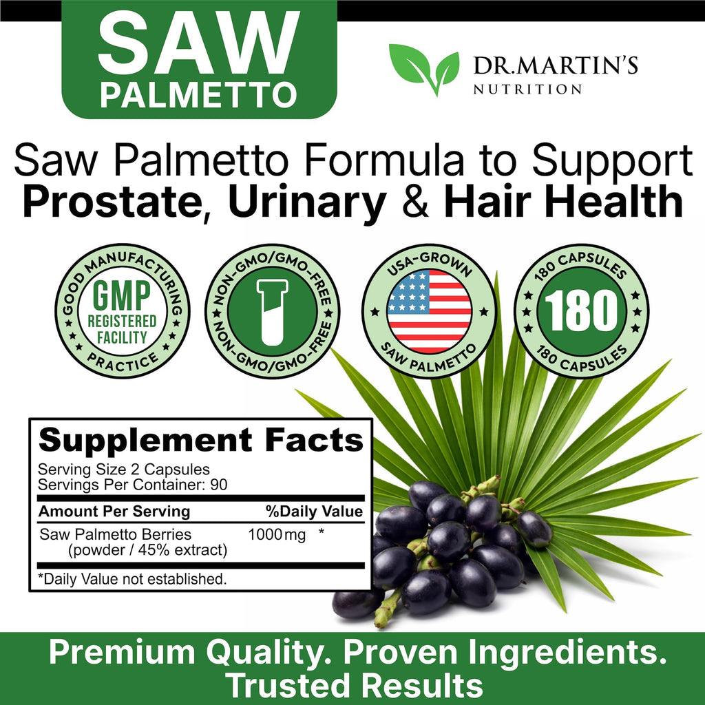 USA Grown Saw Palmetto | 180 Capsules Prostate Health Supplement | Hair Growth for Men & Women | Support to Help Maintain Normal Urination Frequency & Natural DHT Blocker to Help Prevent Hair Loss