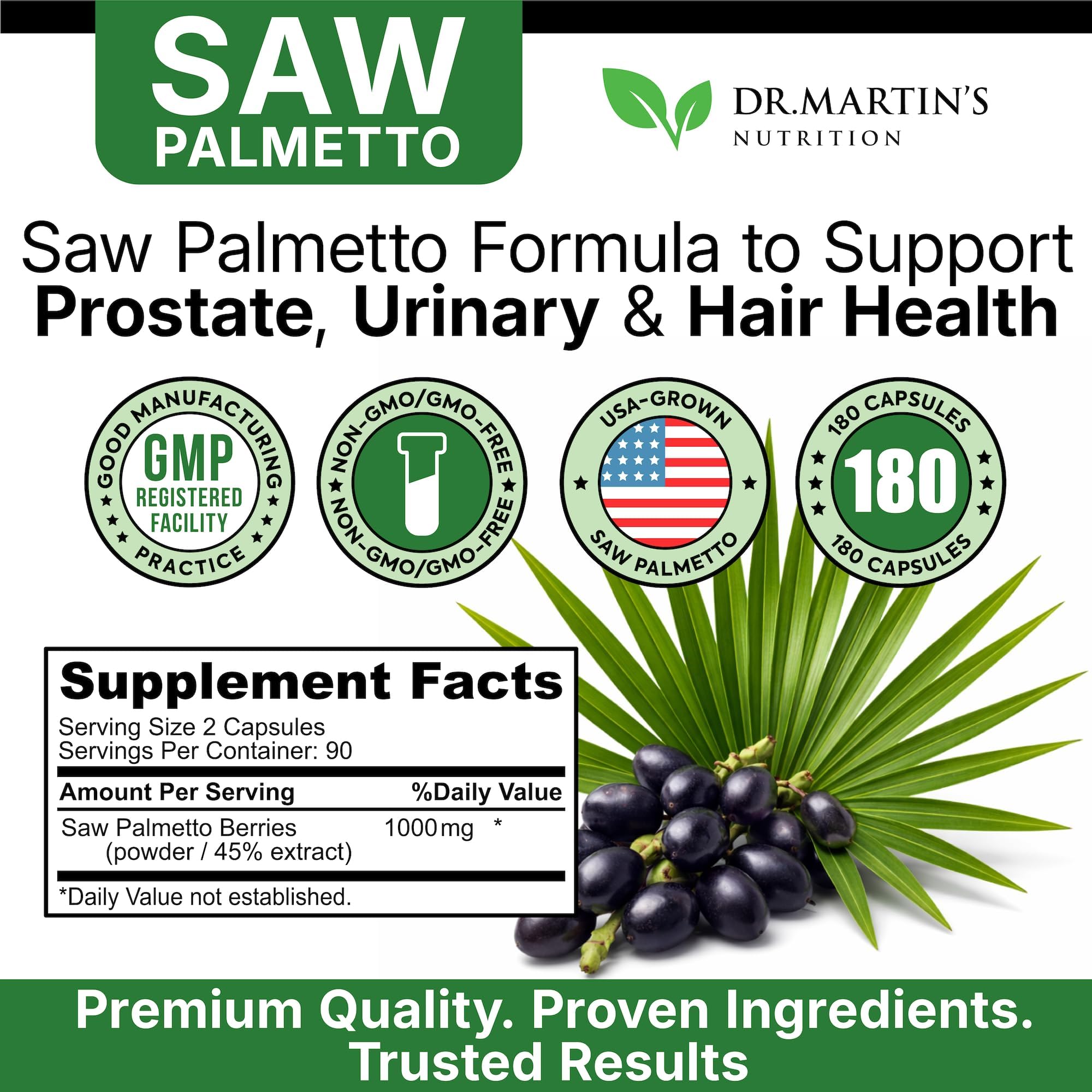 USA Grown Saw Palmetto | 180 Capsules Prostate Health Supplement | Hair Growth for Men & Women | Support to Help Maintain Normal Urination Frequency & Natural DHT Blocker to Help Prevent Hair Loss