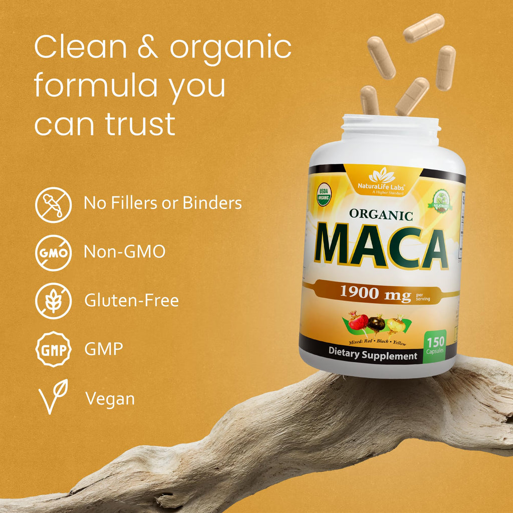 NaturaLife Labs Organic Maca Root – Black, Red & Yellow – 1900 mg per Serving – 150 Capsules – Gelatinized Peruvian Maca – Non-GMO, Gluten-Free, Vegan (2 Pack)
