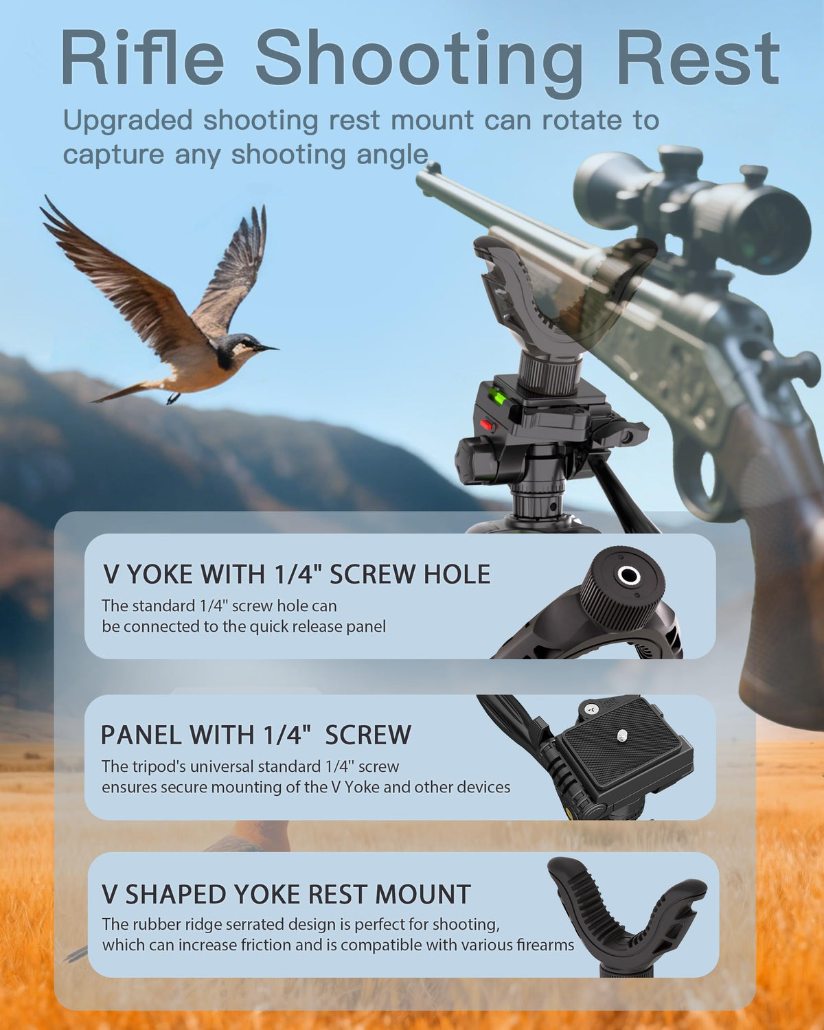 74" Adjustable Rifle Tripod Stand, Aluminum Shooting Tripod with V Yoke Gun Rest, Ground Spikes and 2 Camo Straps for Outdoor Shooting, Target Practice and Field Use