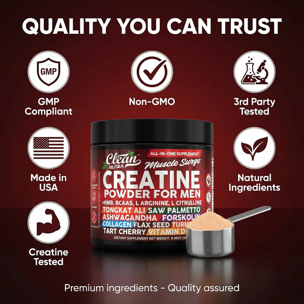 Clean Nutra Creatine Powder for Men + HMB BCAA L Arginine L Citrulline Tongkat Ali Saw Palmetto Ashwagandha Collagen Flax Seed Turmeric Preworkout Stevia Nitric Oxide L Glutamine Amino Acids