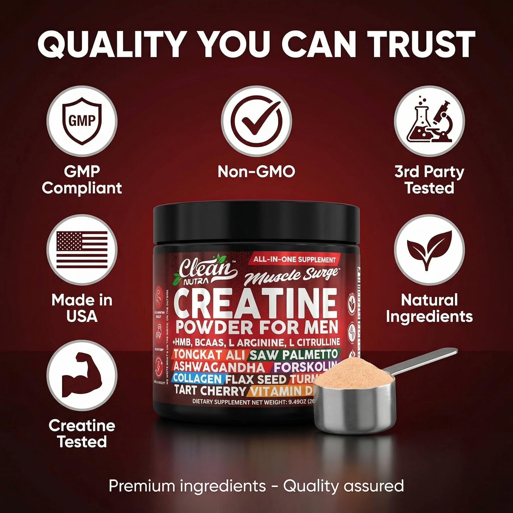 Clean Nutra Creatine Powder for Men + HMB BCAA L Arginine L Citrulline Tongkat Ali Saw Palmetto Ashwagandha Collagen Flax Seed Turmeric Preworkout Stevia Nitric Oxide L Glutamine Amino Acids
