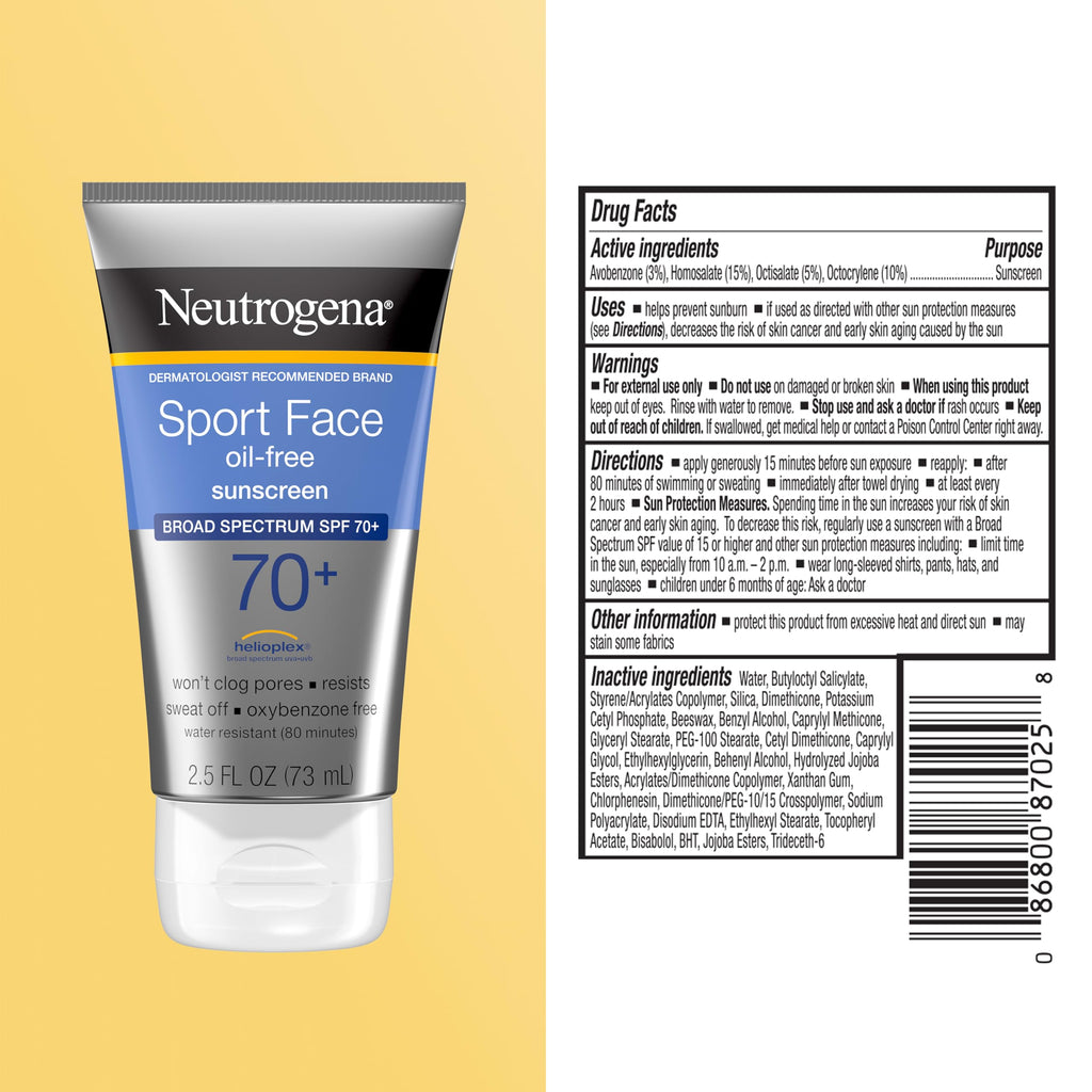 Neutrogena Sport Face Sunscreen Lotion SPF 70+, 2.5 fl. oz | Sweat- and Water-Resistant, Broad Spectrum UVA/UVB Protection, Oxybenzone-Free, Good for Active Lifestyles